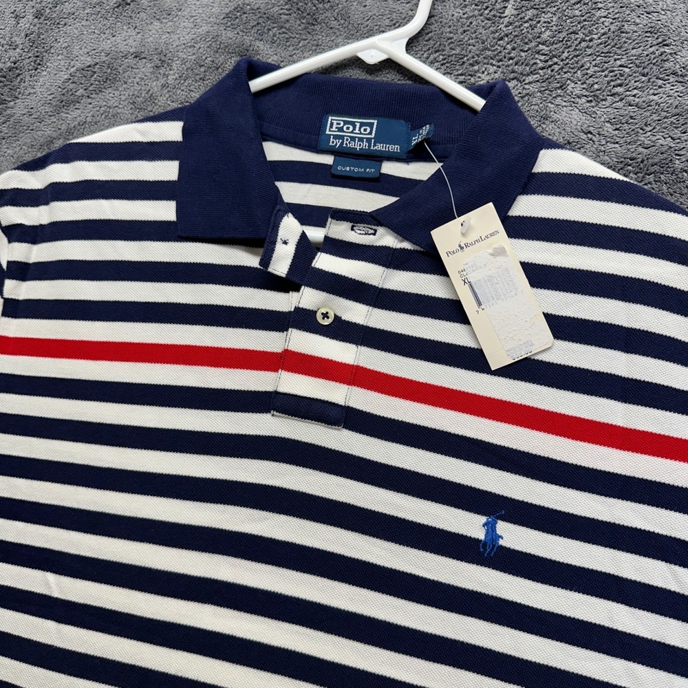 Polo Ralph Lauren Polo Shirt Mens XL Navy White Striped Custom Fit Short Sleeve